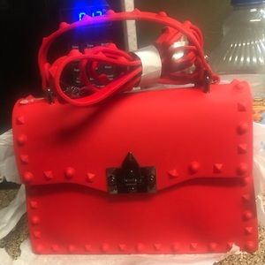 Studded Matte Top Handle Jelly Crossbody Bag Bright Red 8x6x3”